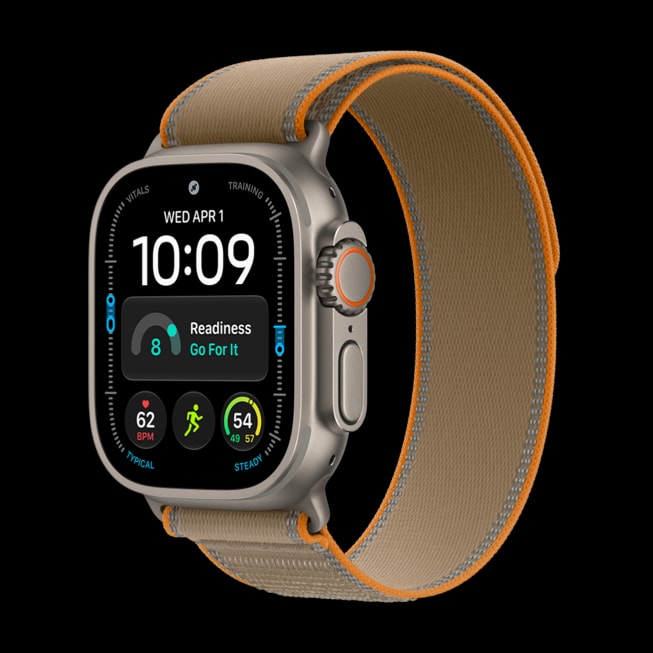El Apple Watch Ultra 4 de titanio natural con la correa Trail Loop en color arena.
